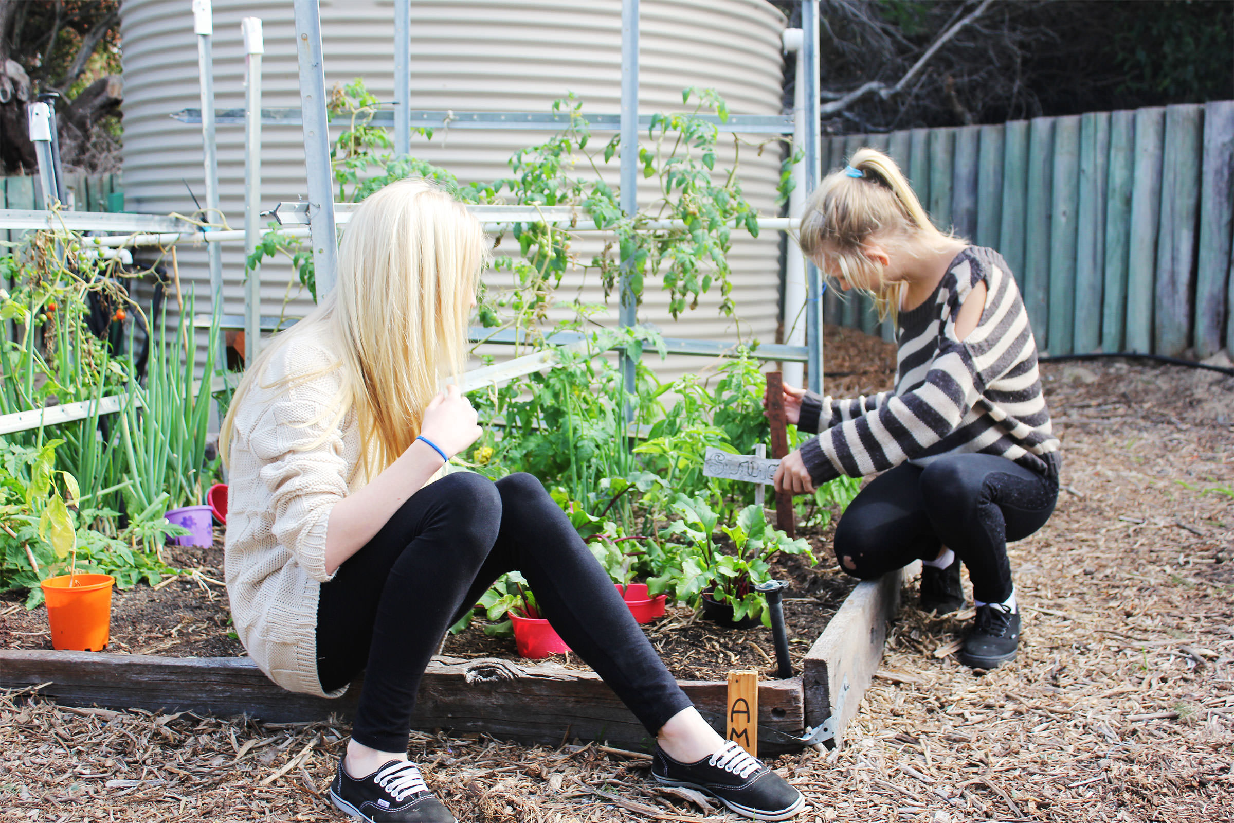 Two adolescents gardening